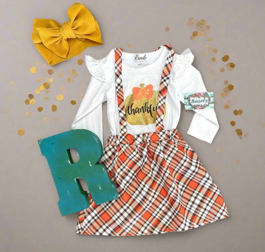 Toddler Girl Thanksgiving Outfit – Thankful Pumpkin Shirt & Fall Plaid Skirt | Cute Thanksgiving Clothing