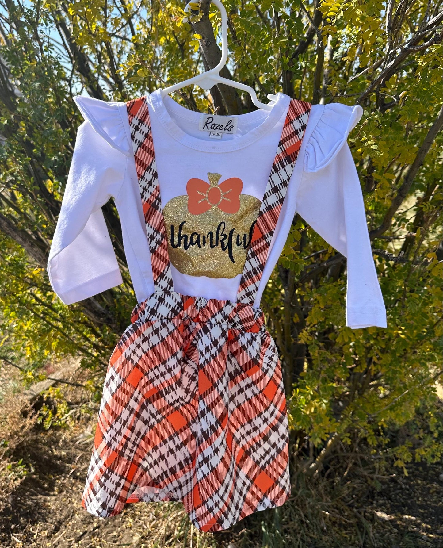 Toddler Girl Thanksgiving Outfit – Thankful Pumpkin Shirt & Fall Plaid Skirt | Cute Thanksgiving Clothing