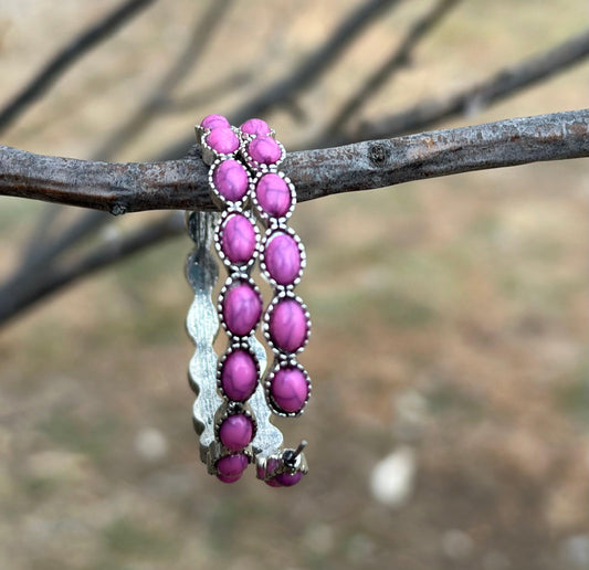 Large Pink Stone Hoop Earrings, Large Gemstone C Shaped Western Earrings
