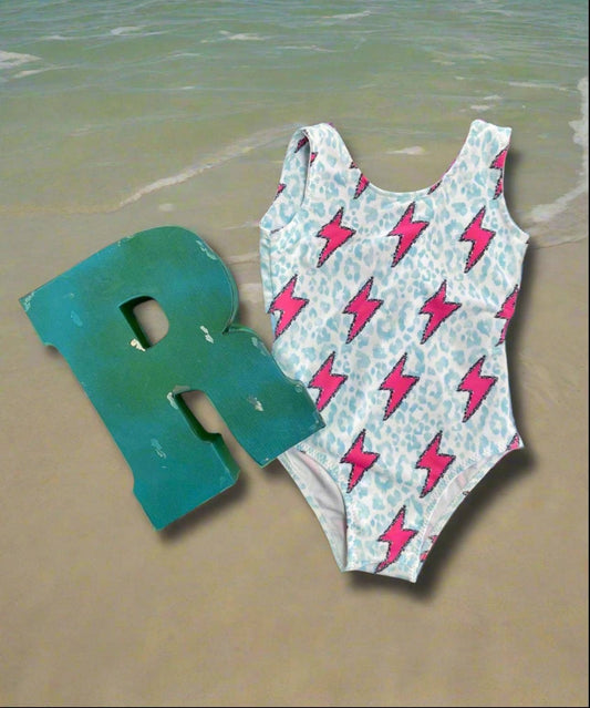 Girls Swimsuit, Pink Lightning Bolt Swimsuit