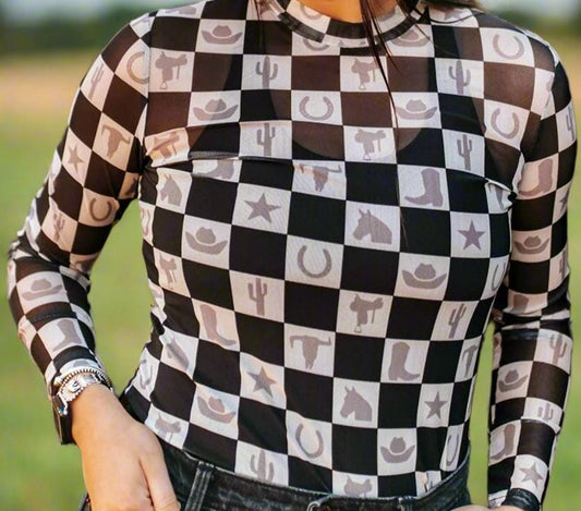 Western MOTIF Shirt | SHEER Checkerboard Top | Layering Top | BODYCON | Cowgirl Shirt