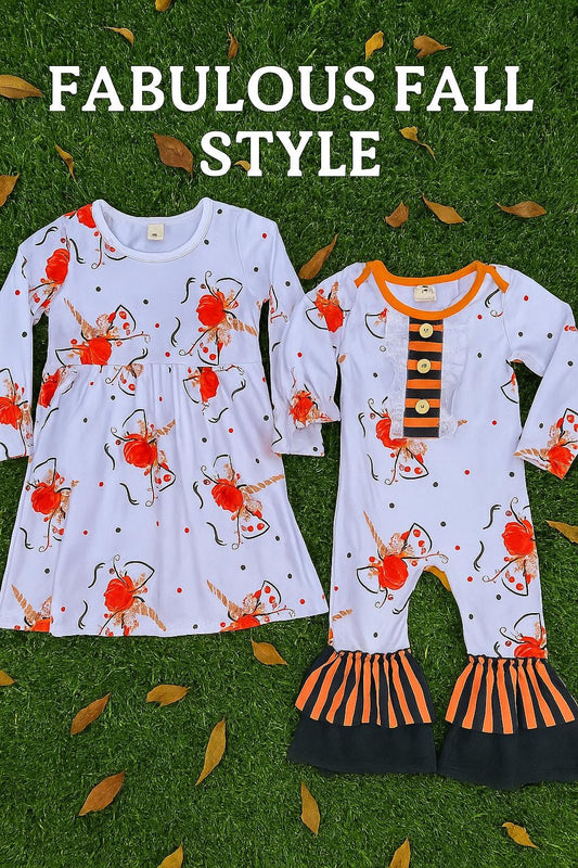 Unicorn Pumpkin Fall Outfit for Girls | Matching Sister Set | Dress or Romper | Toddler Thanksgiving Halloween Outfit