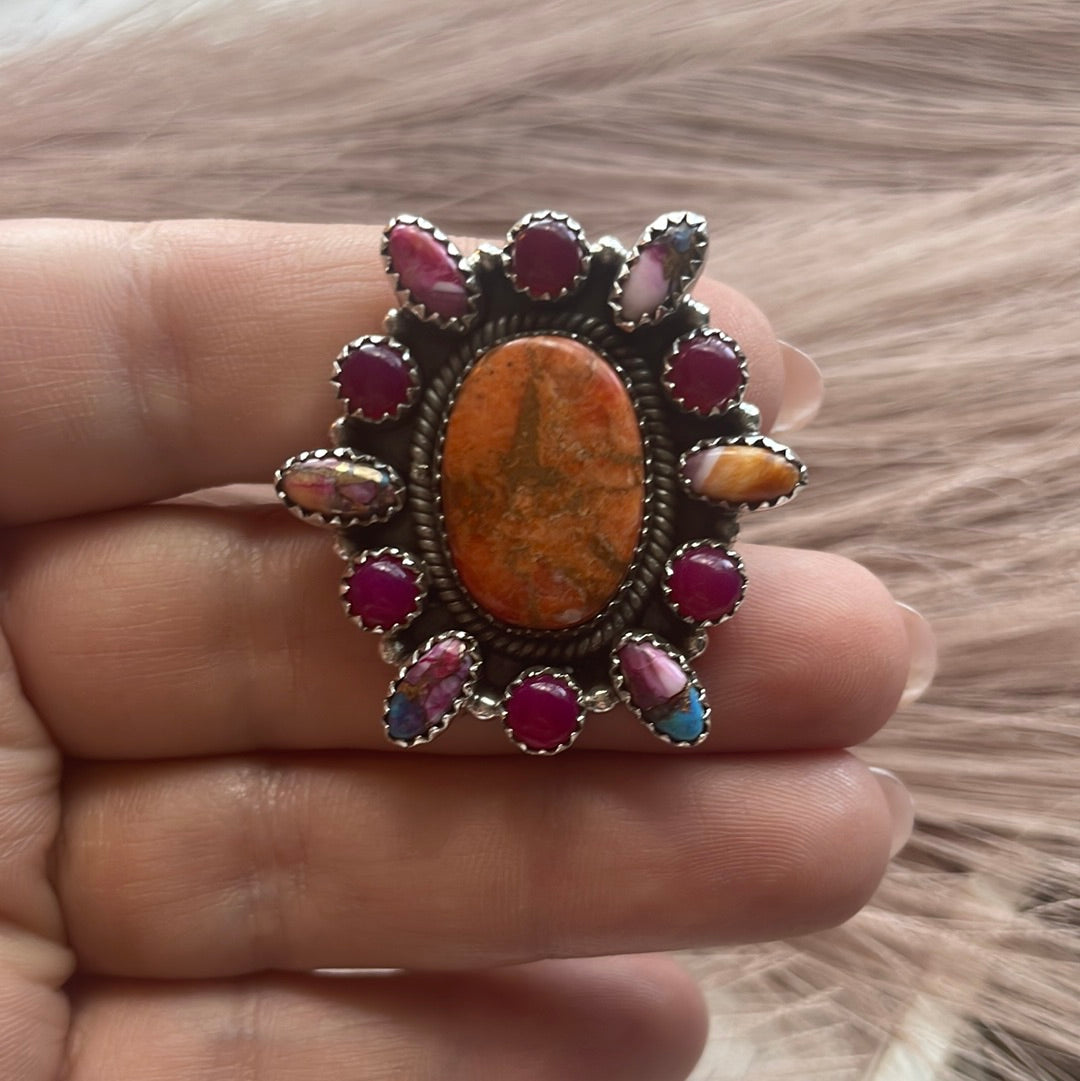 Beautiful Handmade Orange & Pink Mojave, Pink Onyx & Sterling Silver Adjustable Ring Signed Nizhoni