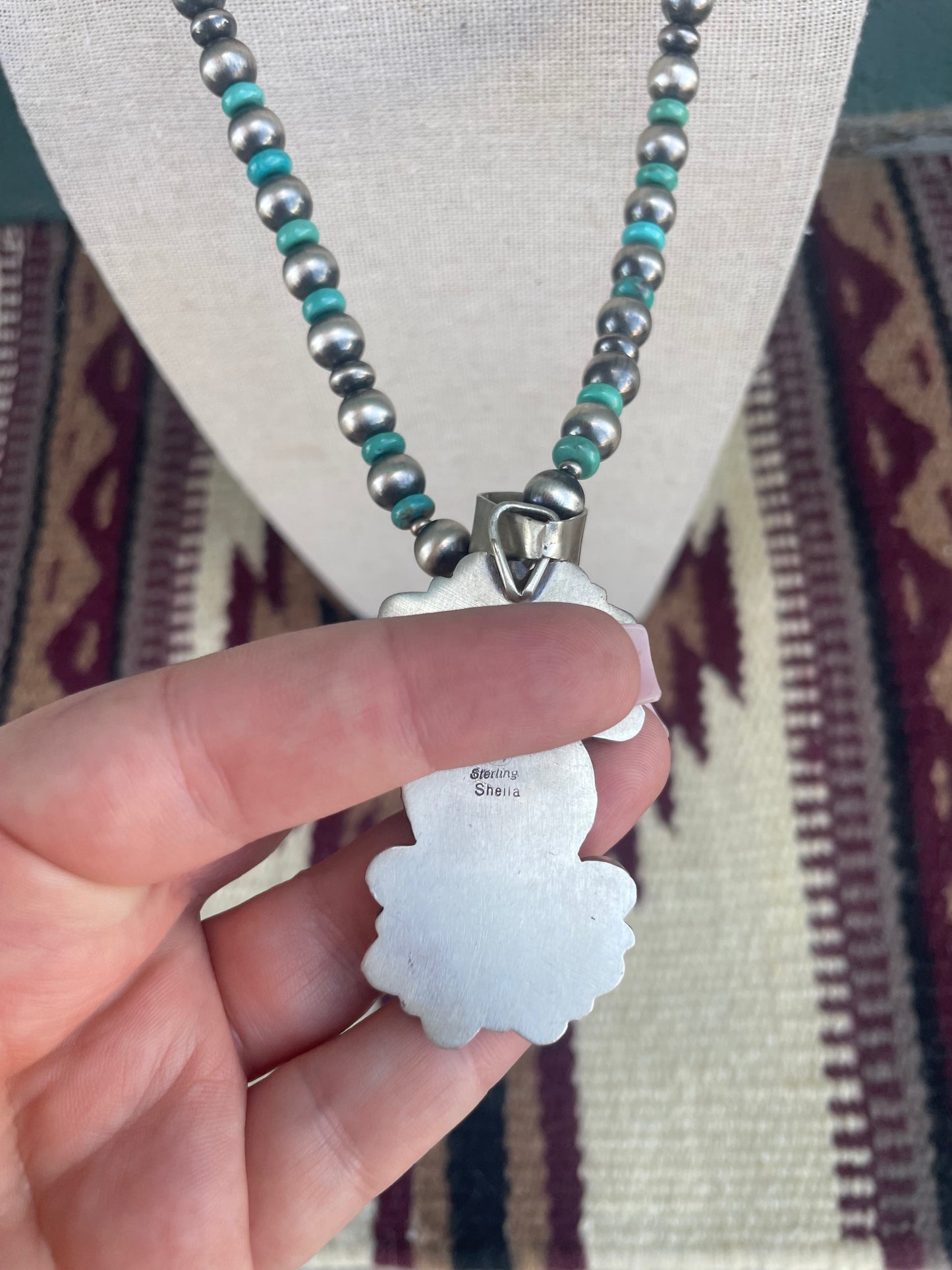 Beautiful Beaded Navajo Sterling Silver and Turquoise Necklace Signed Sheila Becenti