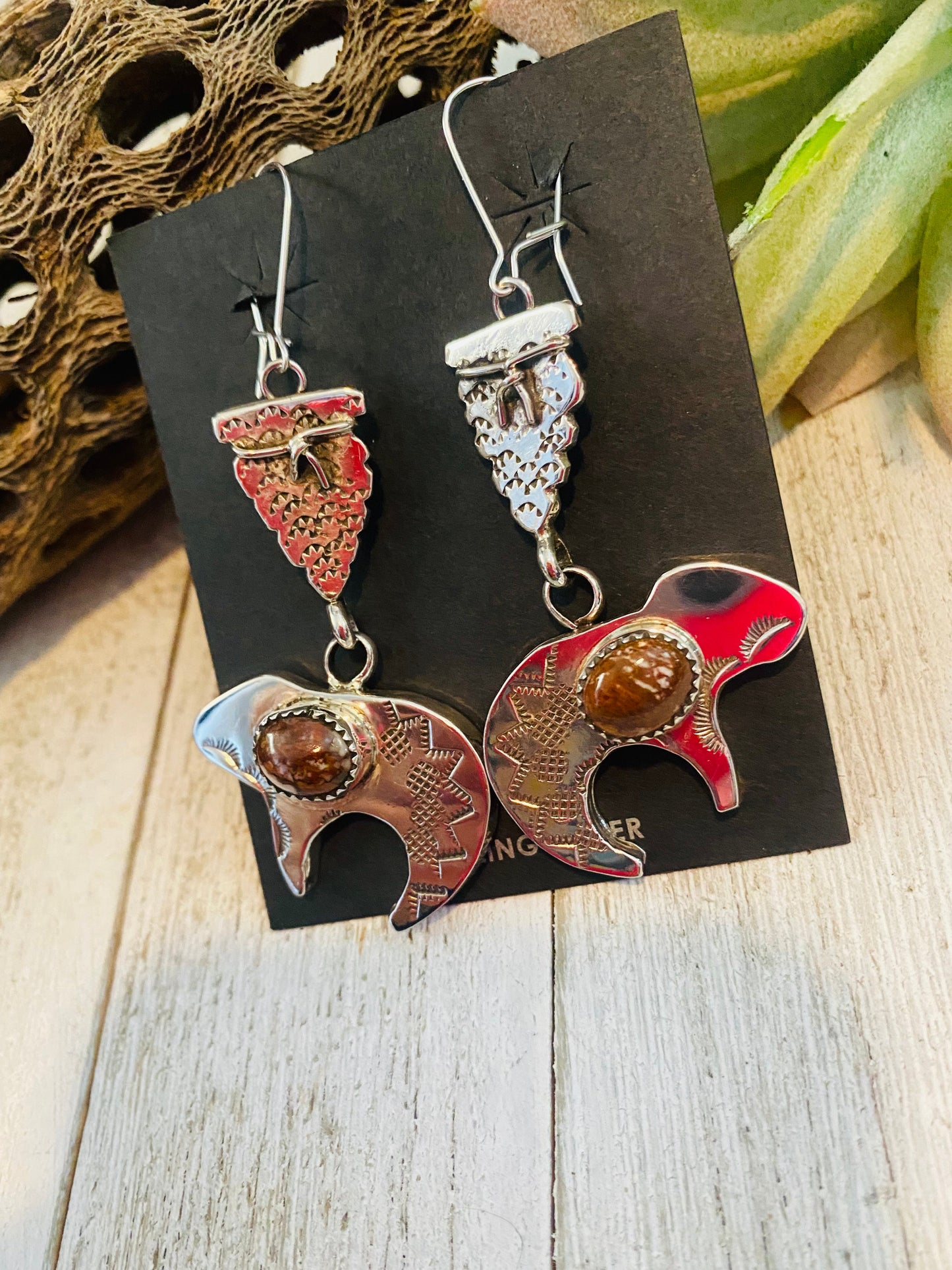 Handcrafted Wild Horse & Sterling Silver Fetish Bear Dangle Earrings