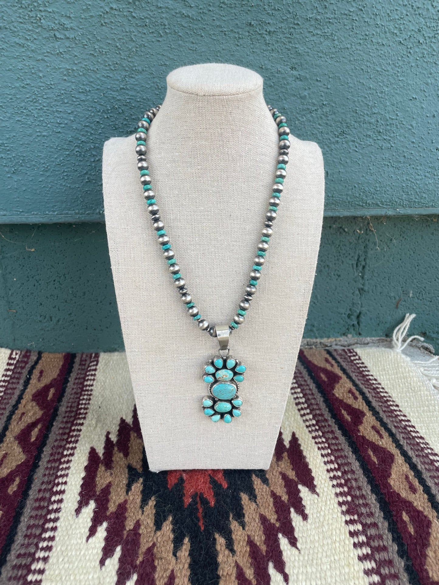 Beautiful Beaded Navajo Sterling Silver and Turquoise Necklace Signed Sheila Becenti