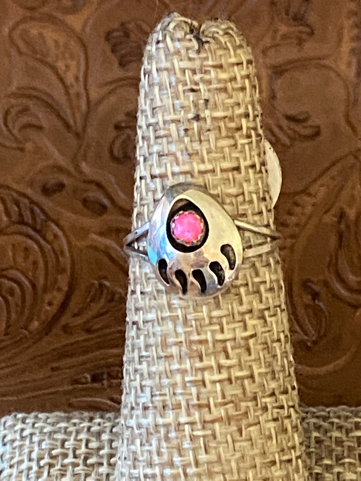 Navajo Sterling Silver Pink Opal Bear Paw Ring
