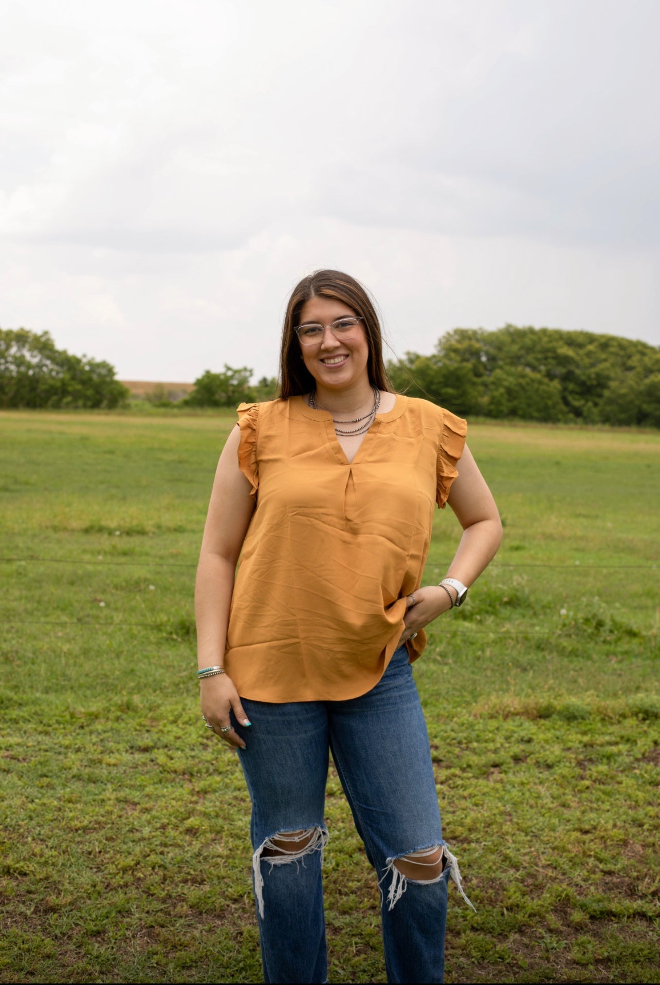 Golden Mustard - Ruffled Sleeve High Low Top