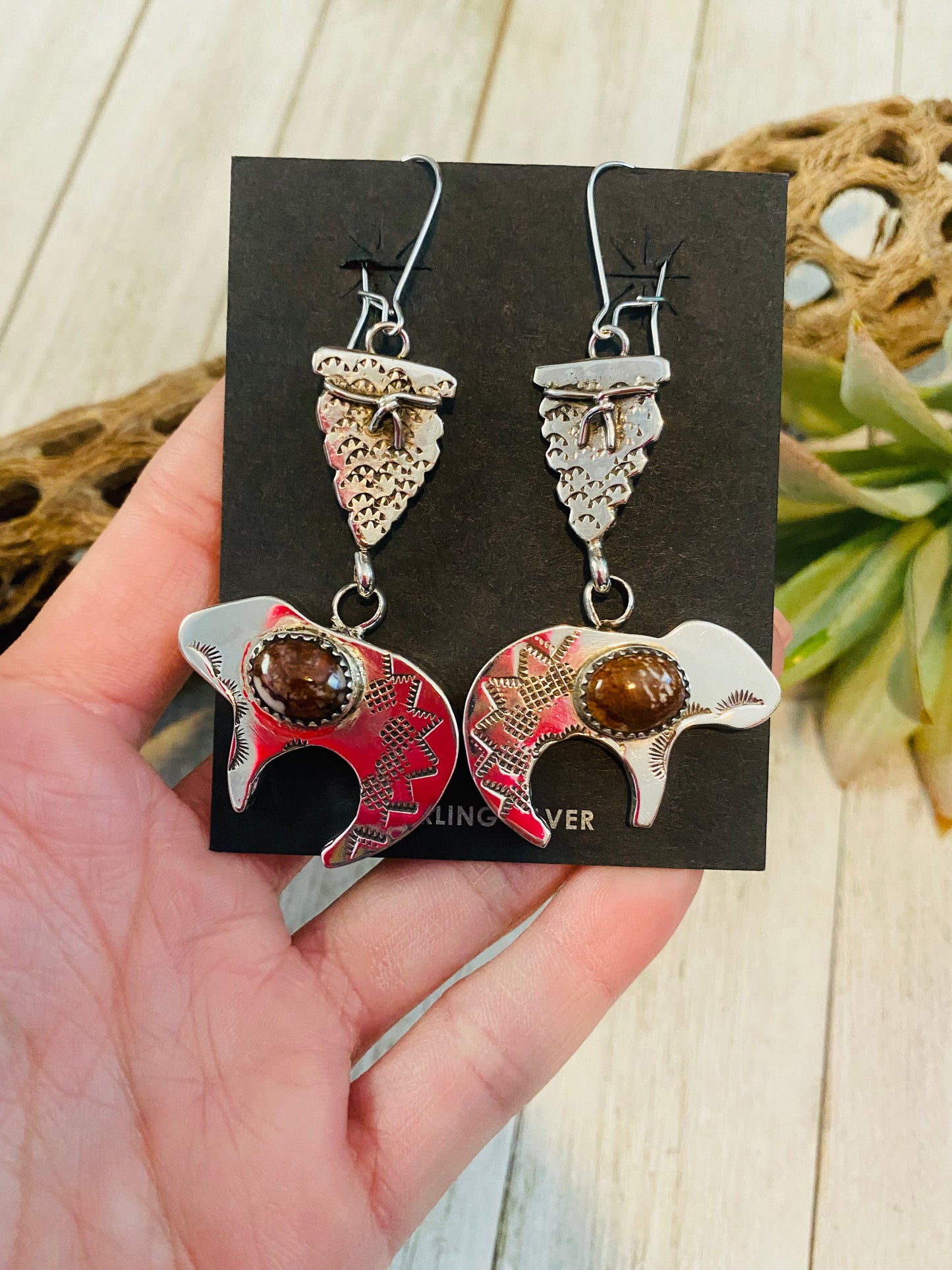 Handcrafted Wild Horse & Sterling Silver Fetish Bear Dangle Earrings