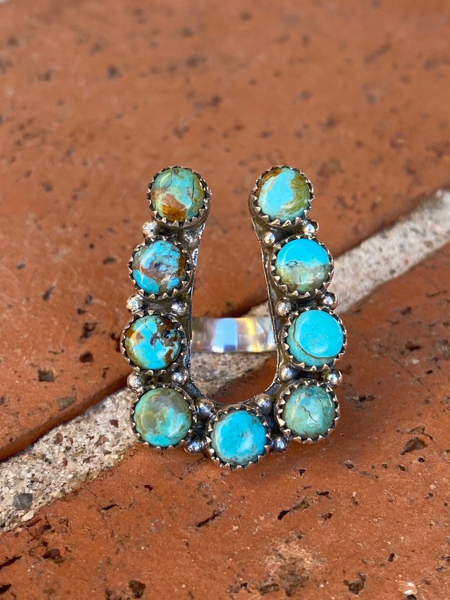 Handmade Horseshoe Sterling Silver & Natural Royston Turquoise Cluster Ring