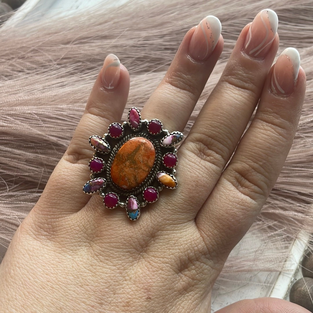 Beautiful Handmade Orange & Pink Mojave, Pink Onyx & Sterling Silver Adjustable Ring Signed Nizhoni