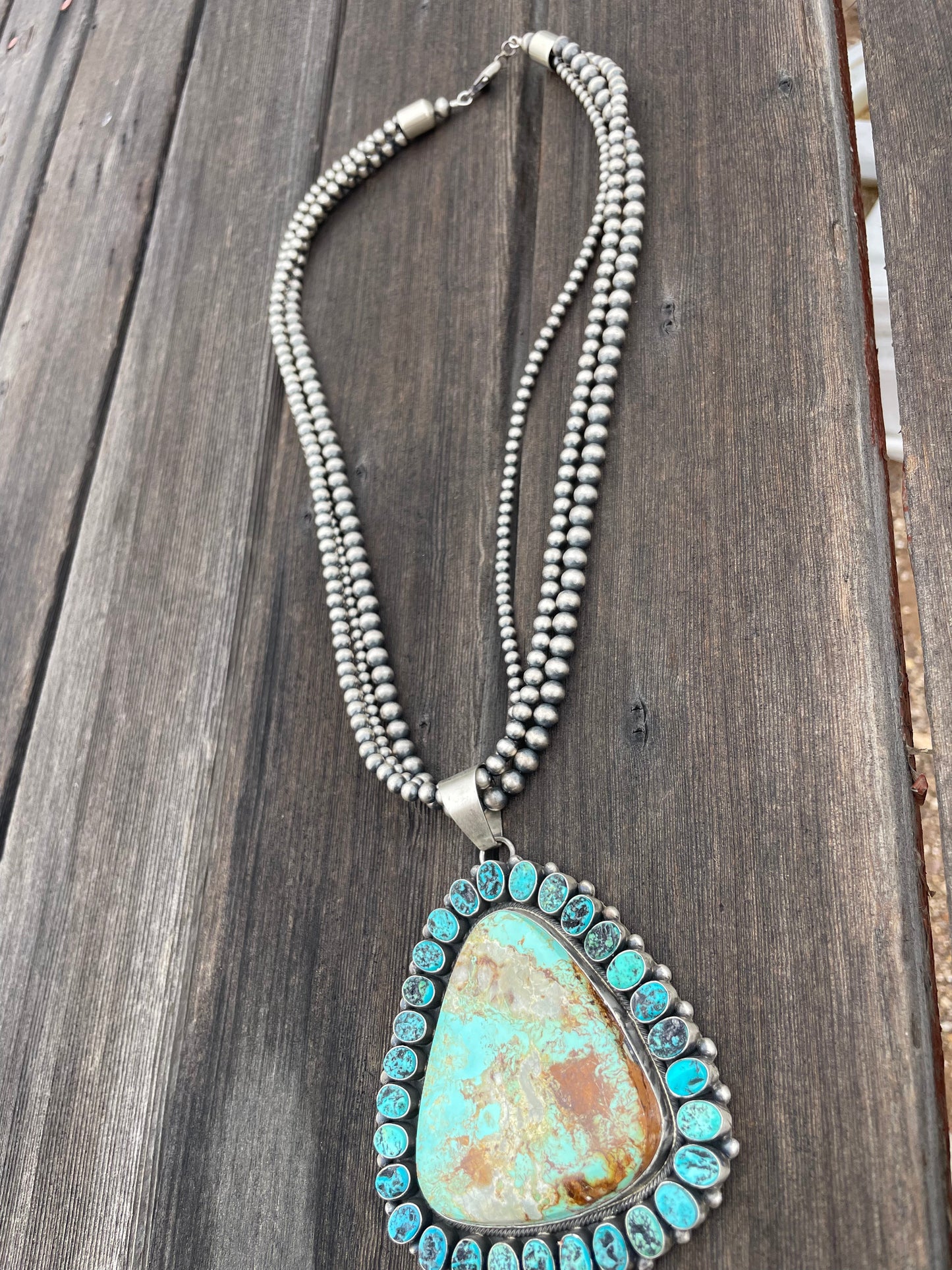 Handcrafted Turquoise & Sterling Silver 3 Strand Necklace Signed B. Yellowhorse