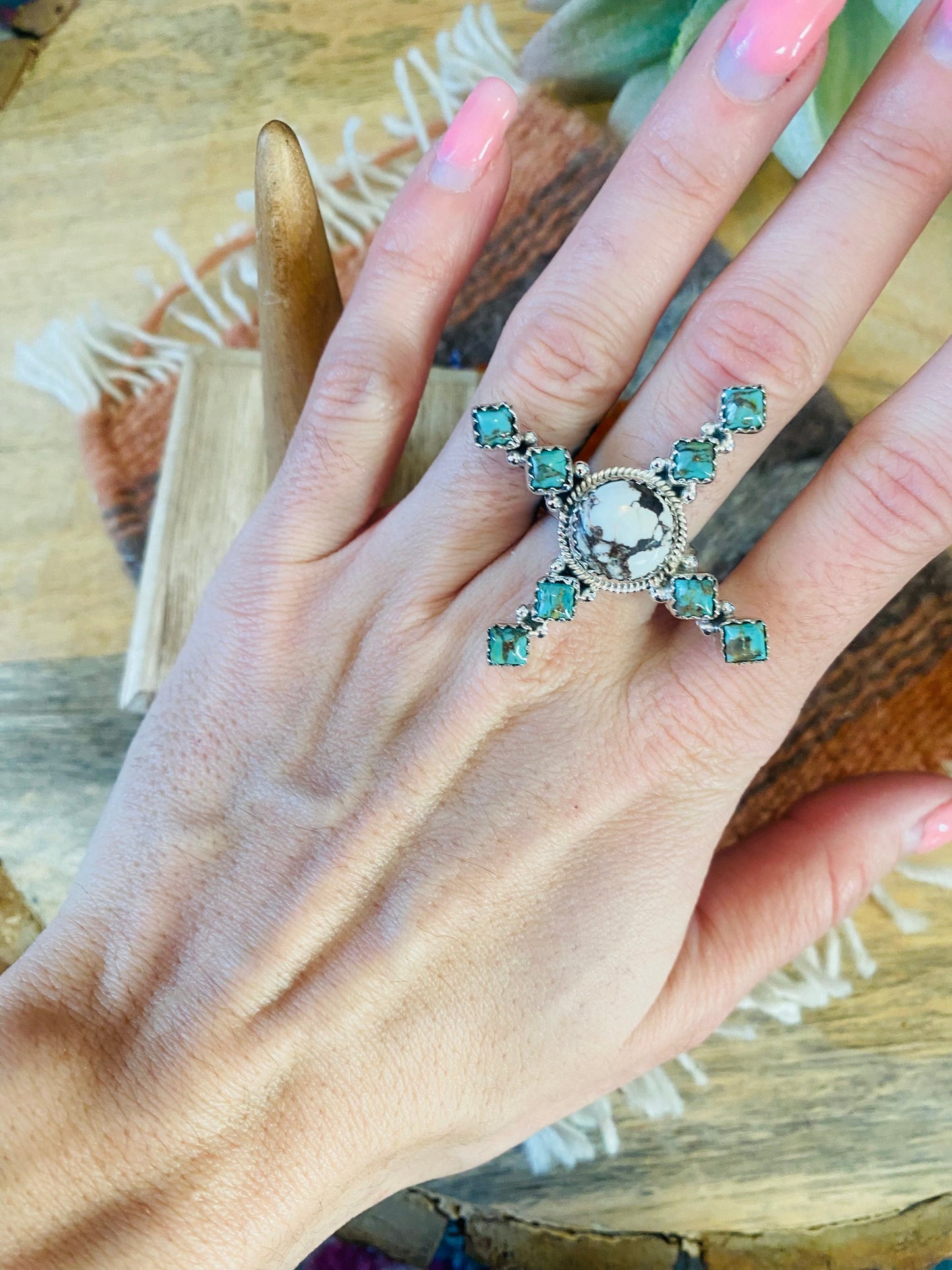 Beautiful Sterling Silver, Wild Horse & Turquoise Adjustable Ring