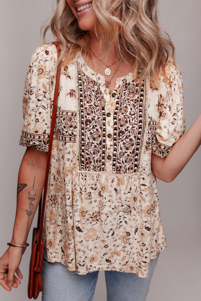 Khaki Boho Floral Print Half Placket Short Sleeve Blouse