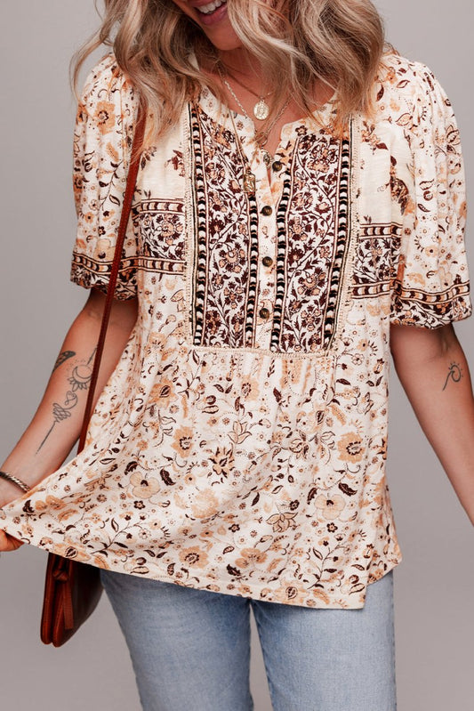 Khaki Boho Floral Print Half Placket Short Sleeve Blouse
