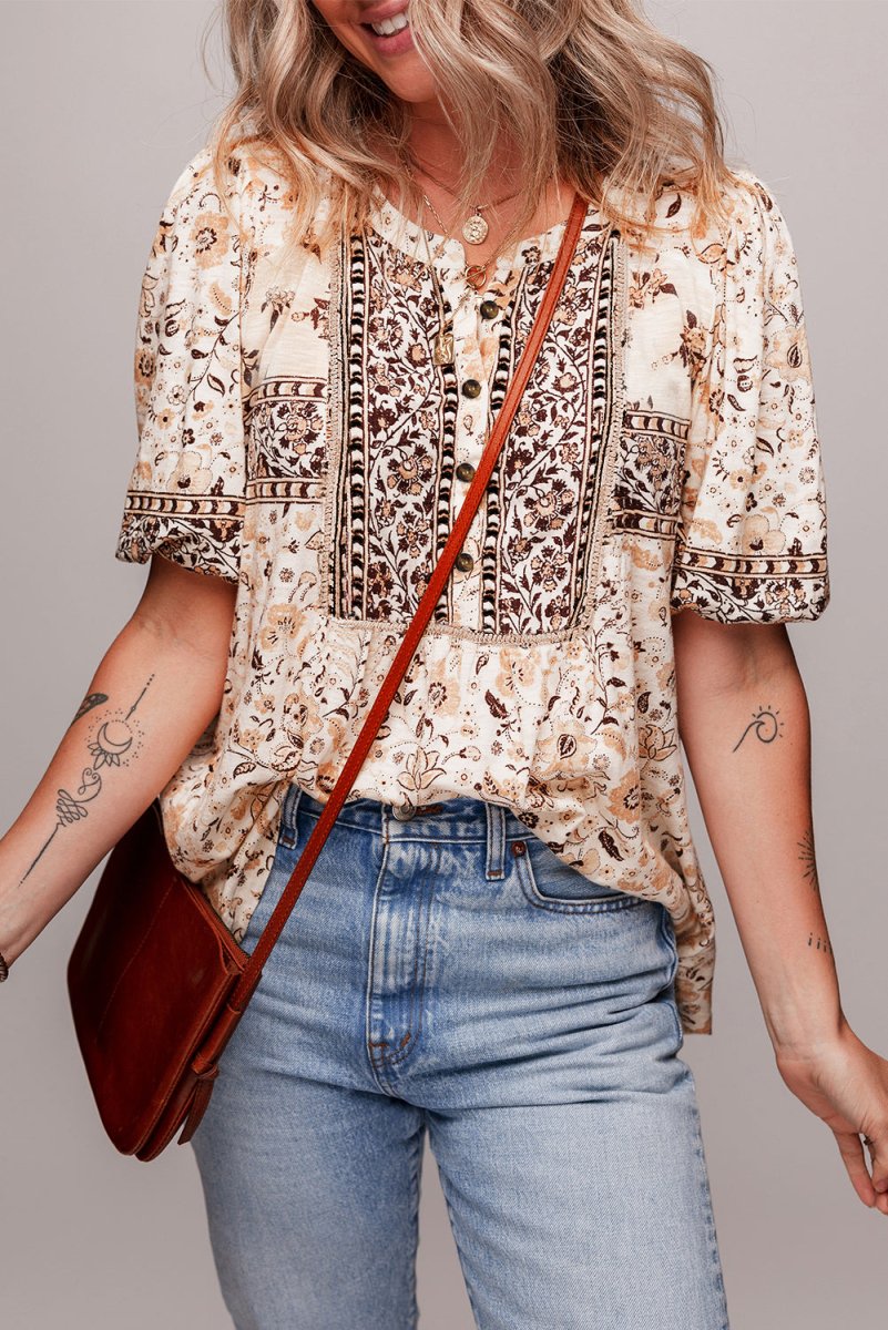 Khaki Boho Floral Print Half Placket Short Sleeve Blouse