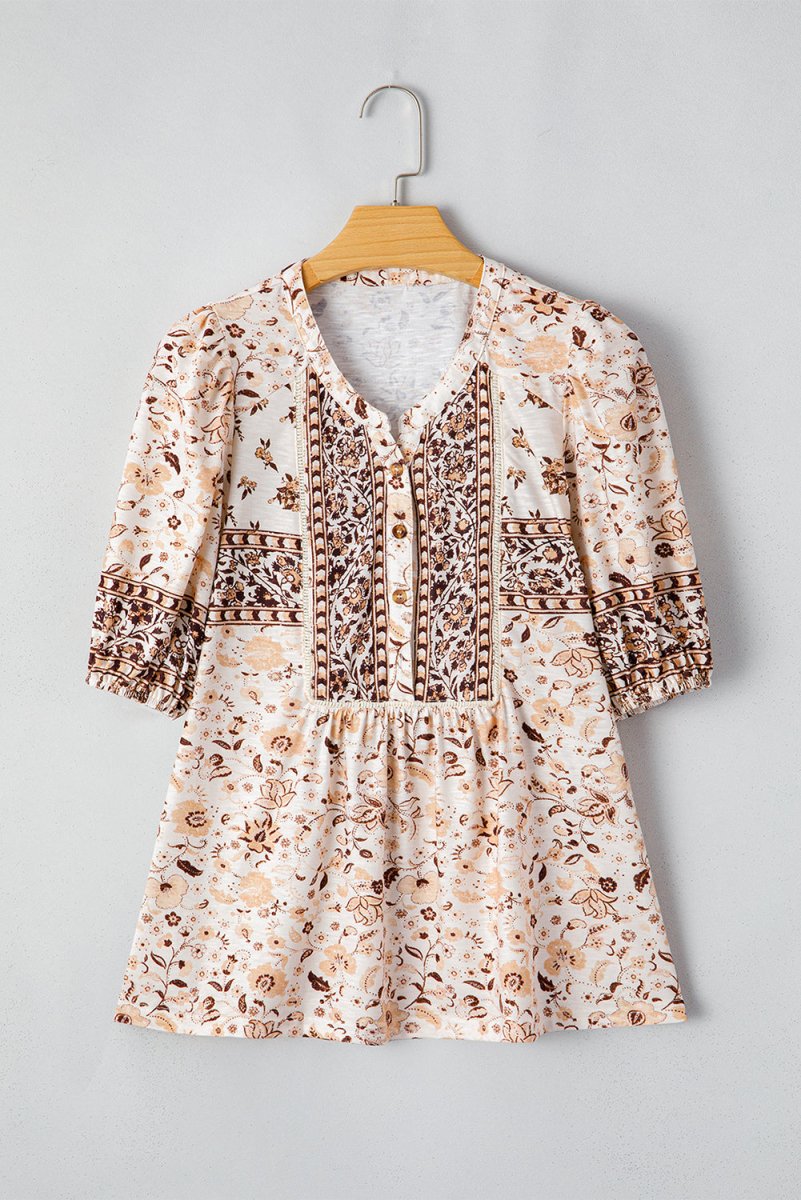 Khaki Boho Floral Print Half Placket Short Sleeve Blouse
