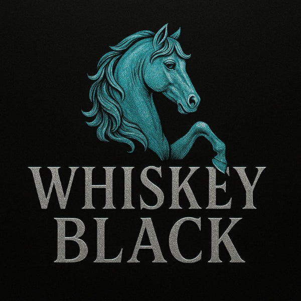 Teal horse head logo with 'Whiskey Black' text on a black background