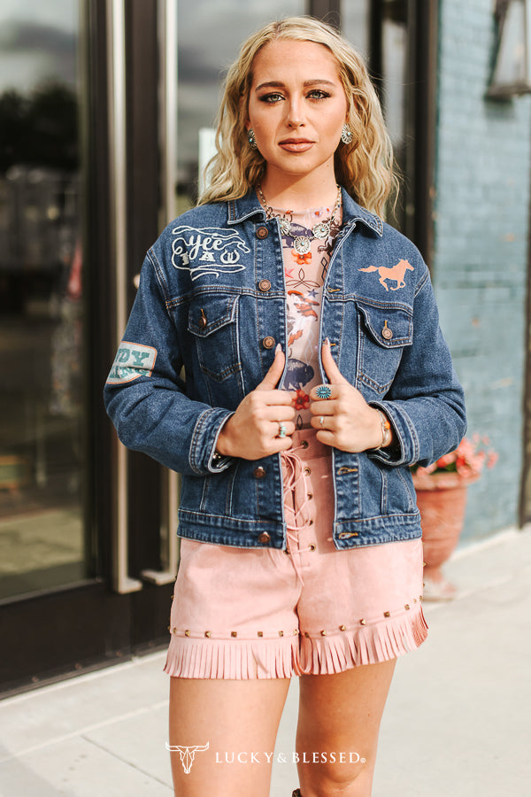 Lucky & Blessed Mid Wash Western Embroidered Patch Denim Jacket