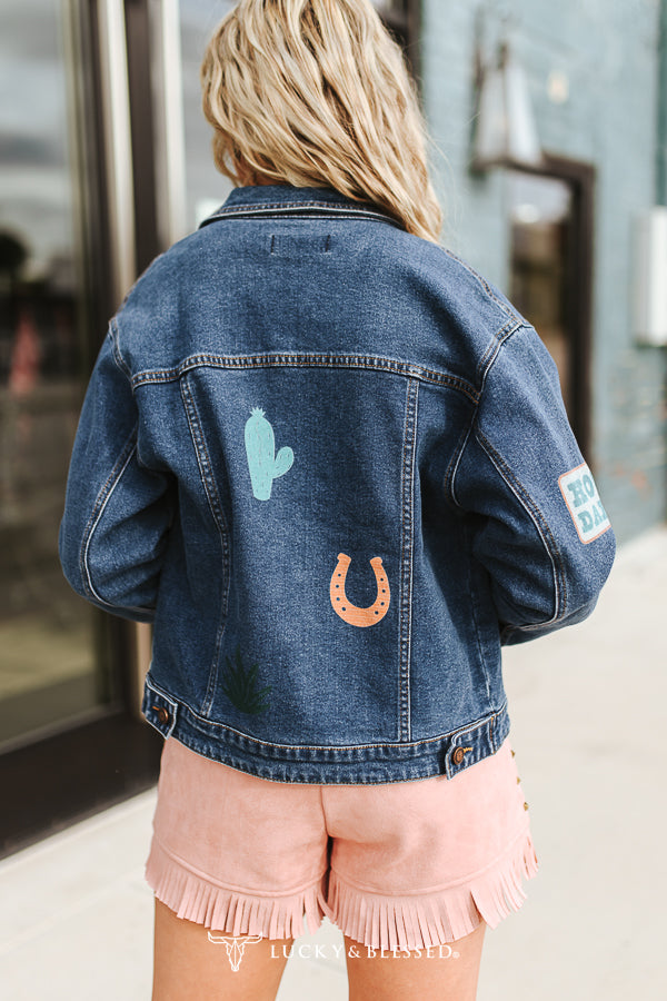 Lucky & Blessed Mid Wash Western Embroidered Patch Denim Jacket view 2