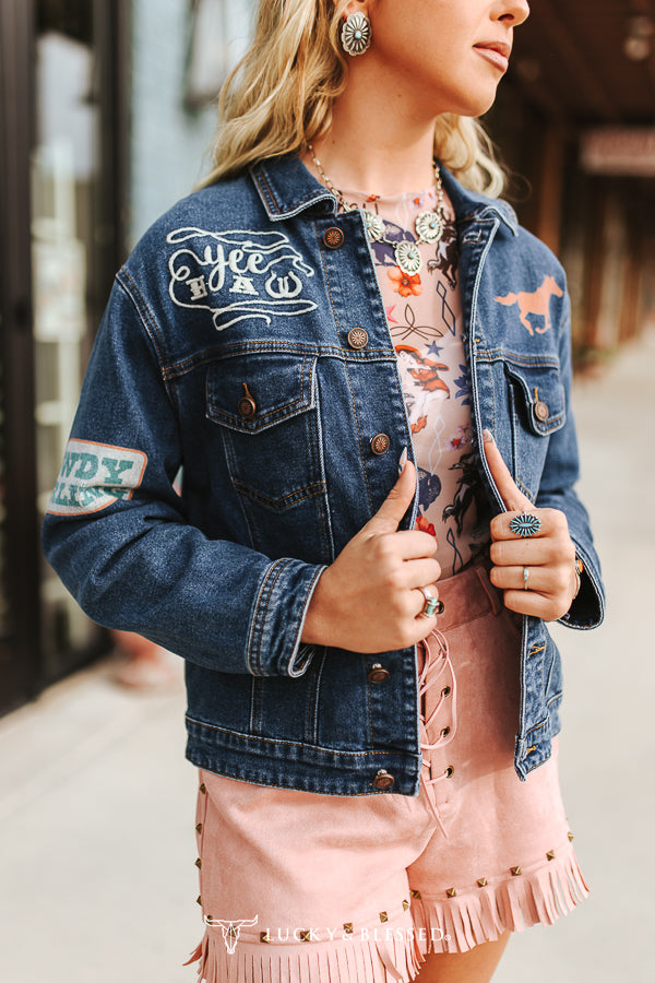 Lucky & Blessed Mid Wash Western Embroidered Patch Denim Jacket view 3