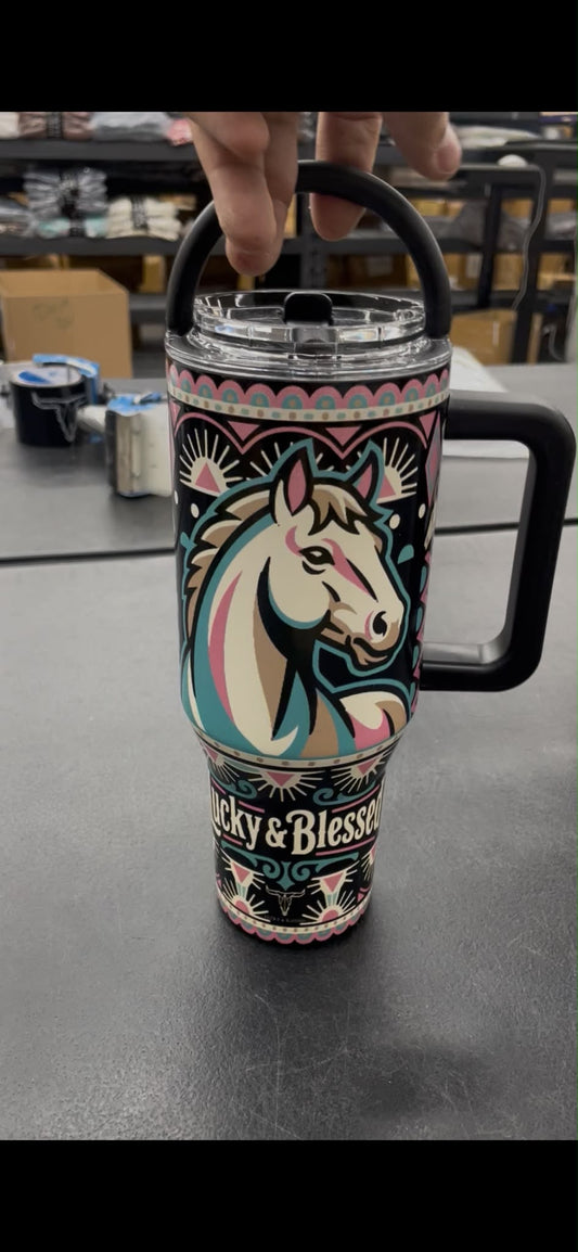 Lucky & Blessed pastel horse 40 oz flip-straw tumbler