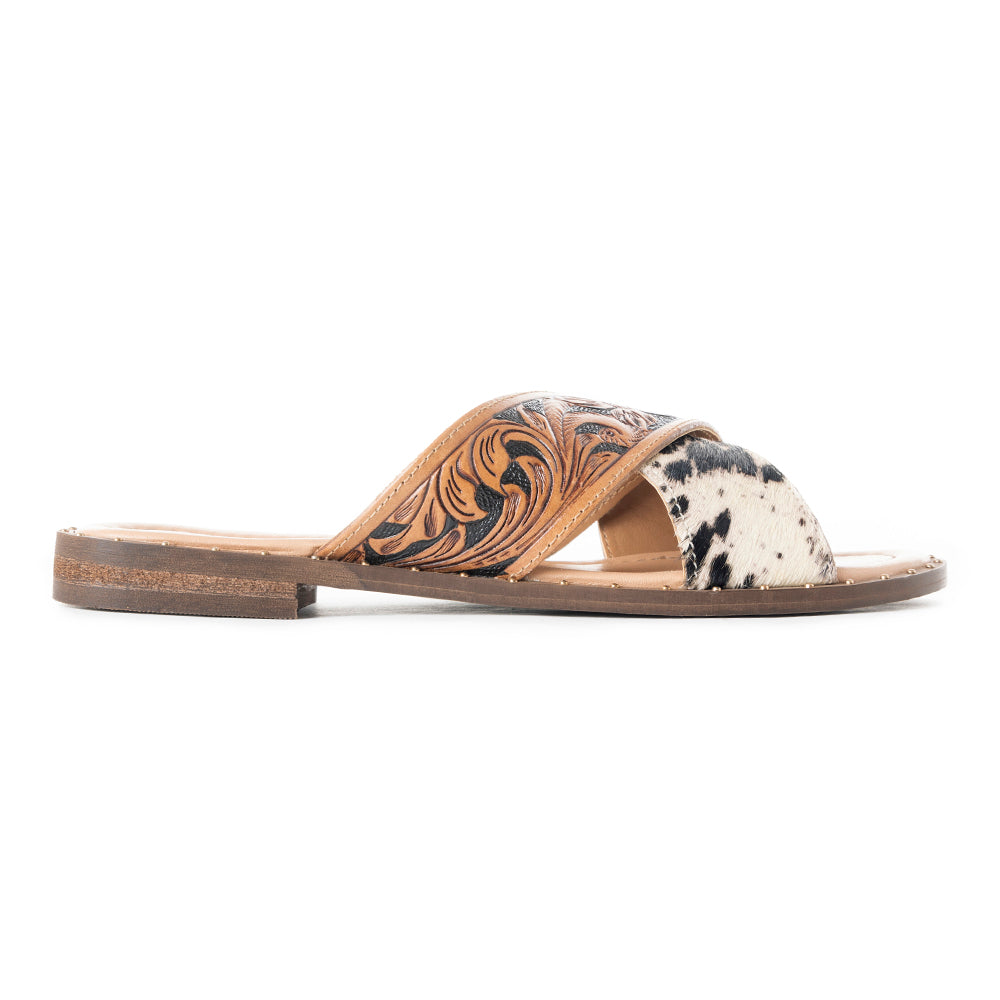 Myra Chappy hair-on and tooled leather western sandals