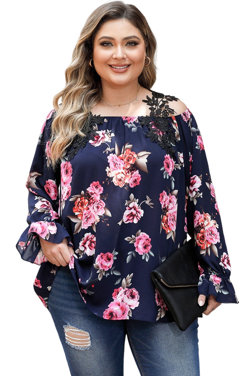 Navy Blue Plus Size Crochet Detail Cold Shoulder Floral Blouse