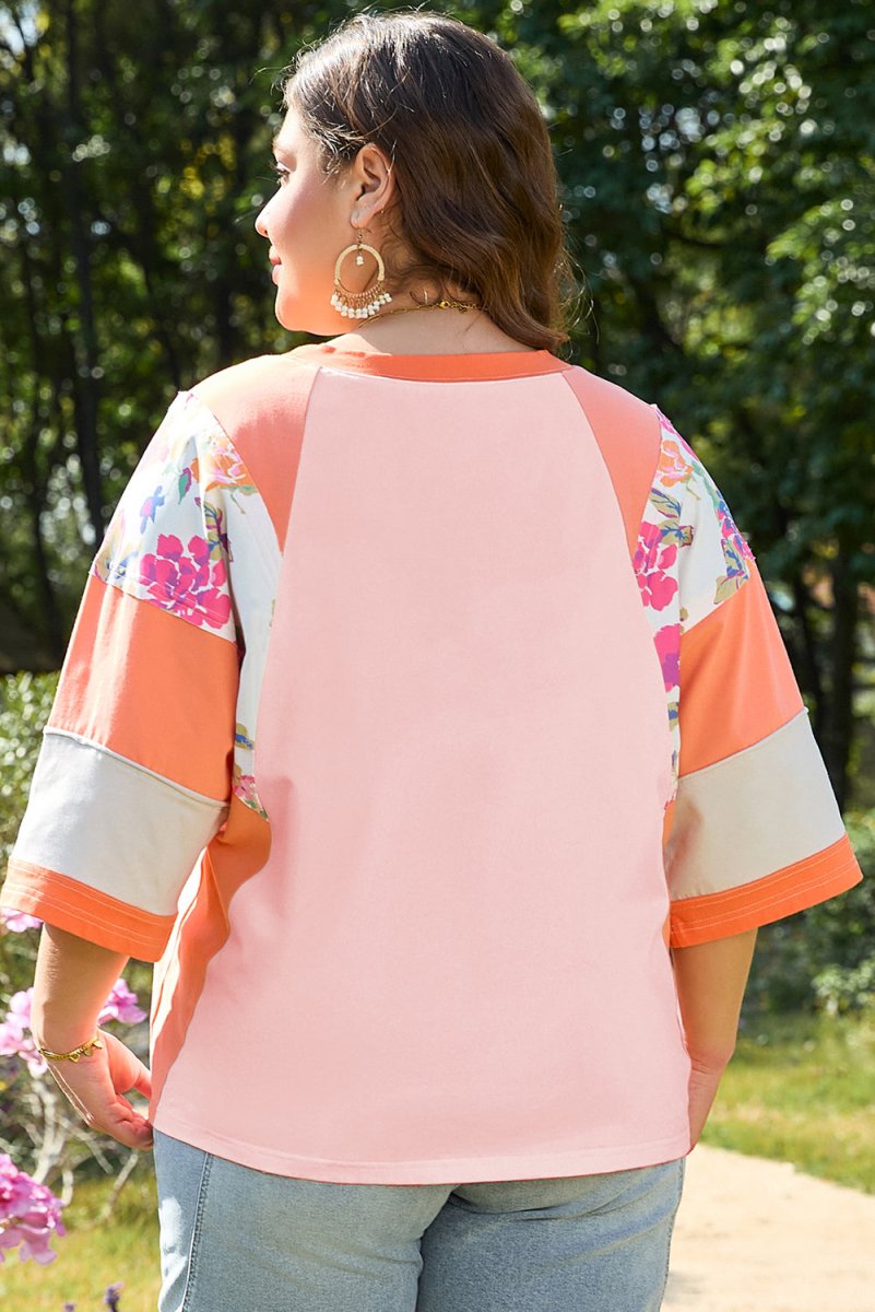 Orange Plus Size Floral Print Patchwork Raglan Half Sleeve Top