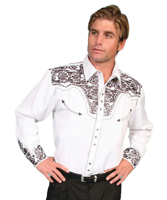Scully Floral Tooled Embroidery - Men's Western Shirt (Pewter)