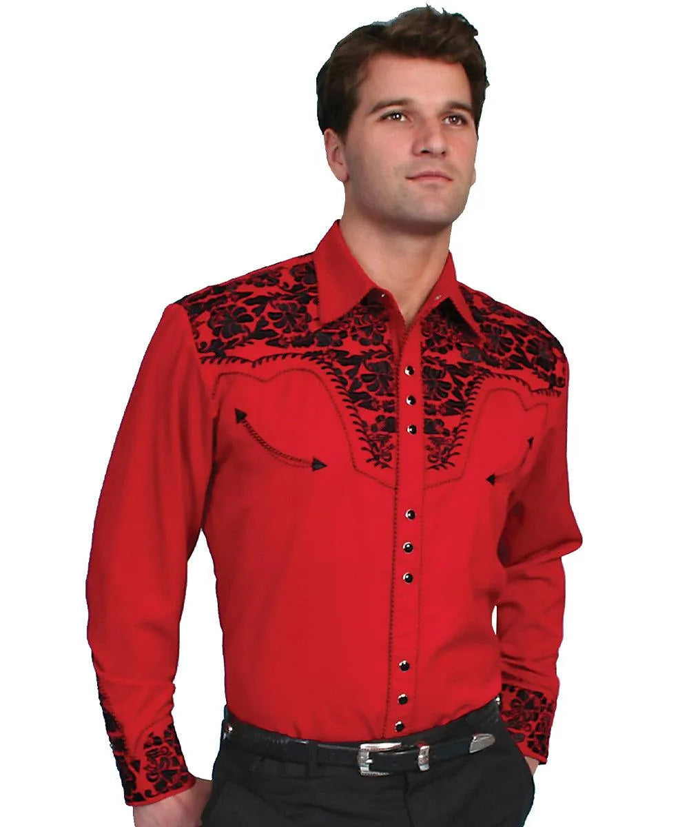 Scully Floral Tooled Embroidery - Men's Western Shirt (Red/Black)