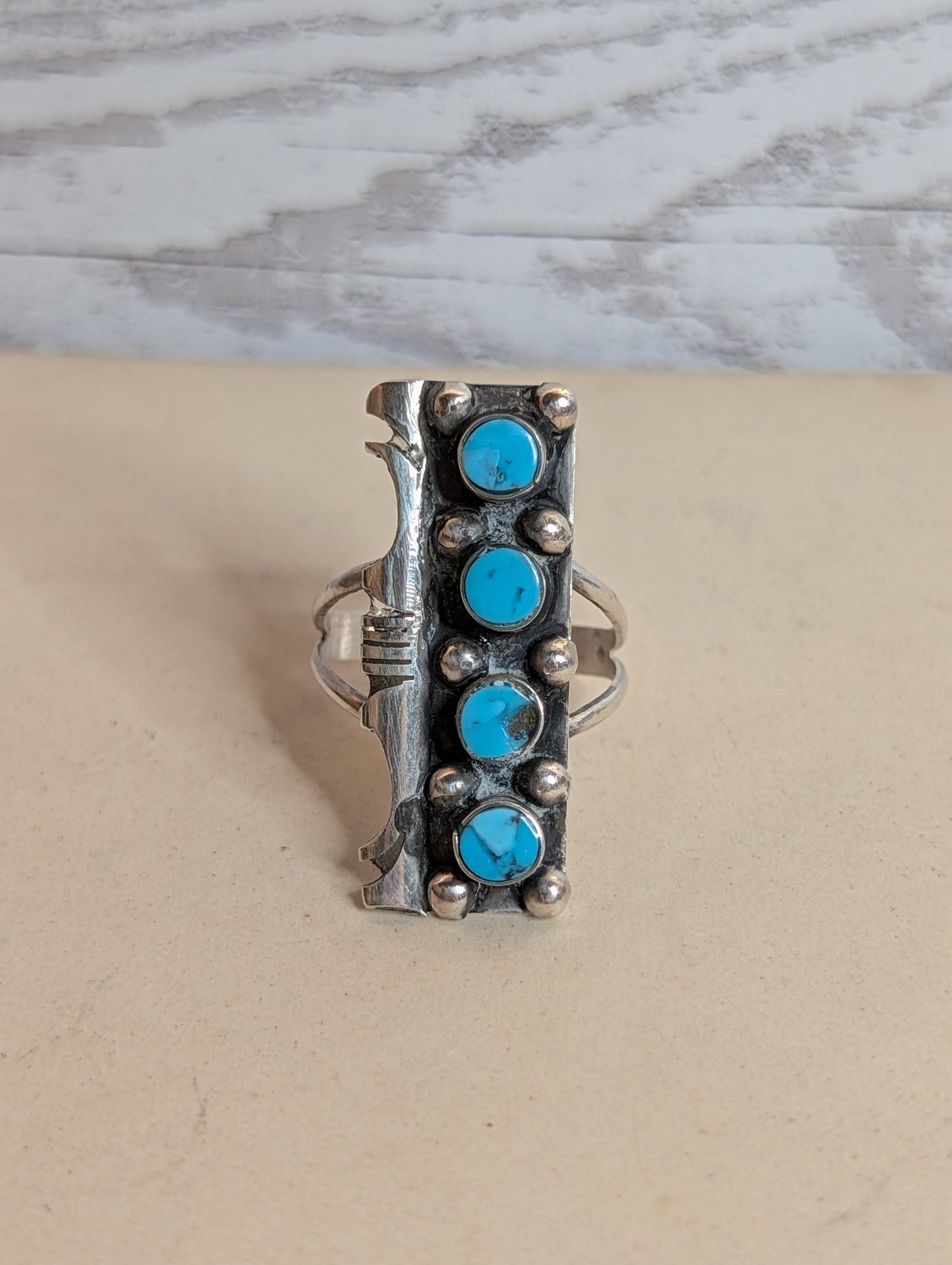 Handcrafted Kingman Turquoise Four Stone Sterling Silver Statement Ring Size 7.5