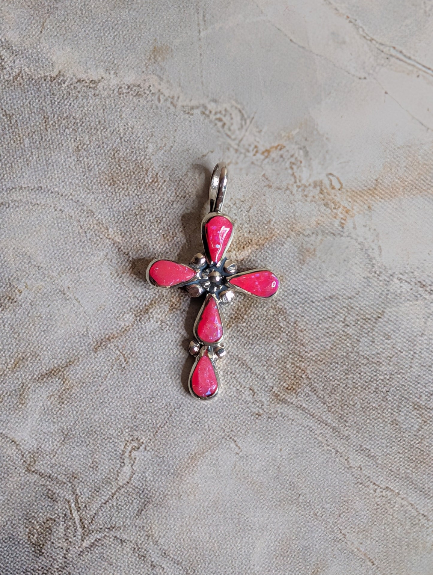 Handcrafted Hot Pink Fire Opal Sterling Silver Cross Pendant