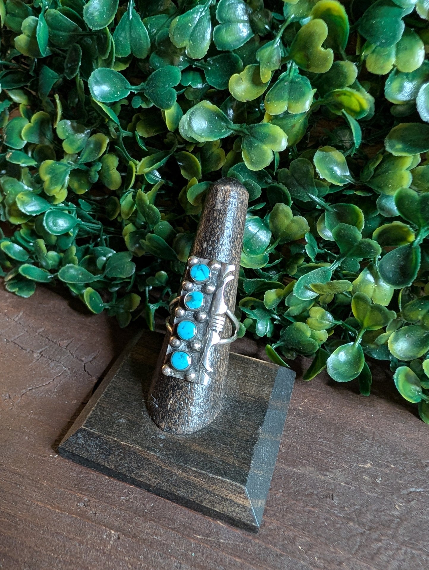 Handcrafted Kingman Turquoise Four Stone Sterling Silver Statement Ring Size 7.5