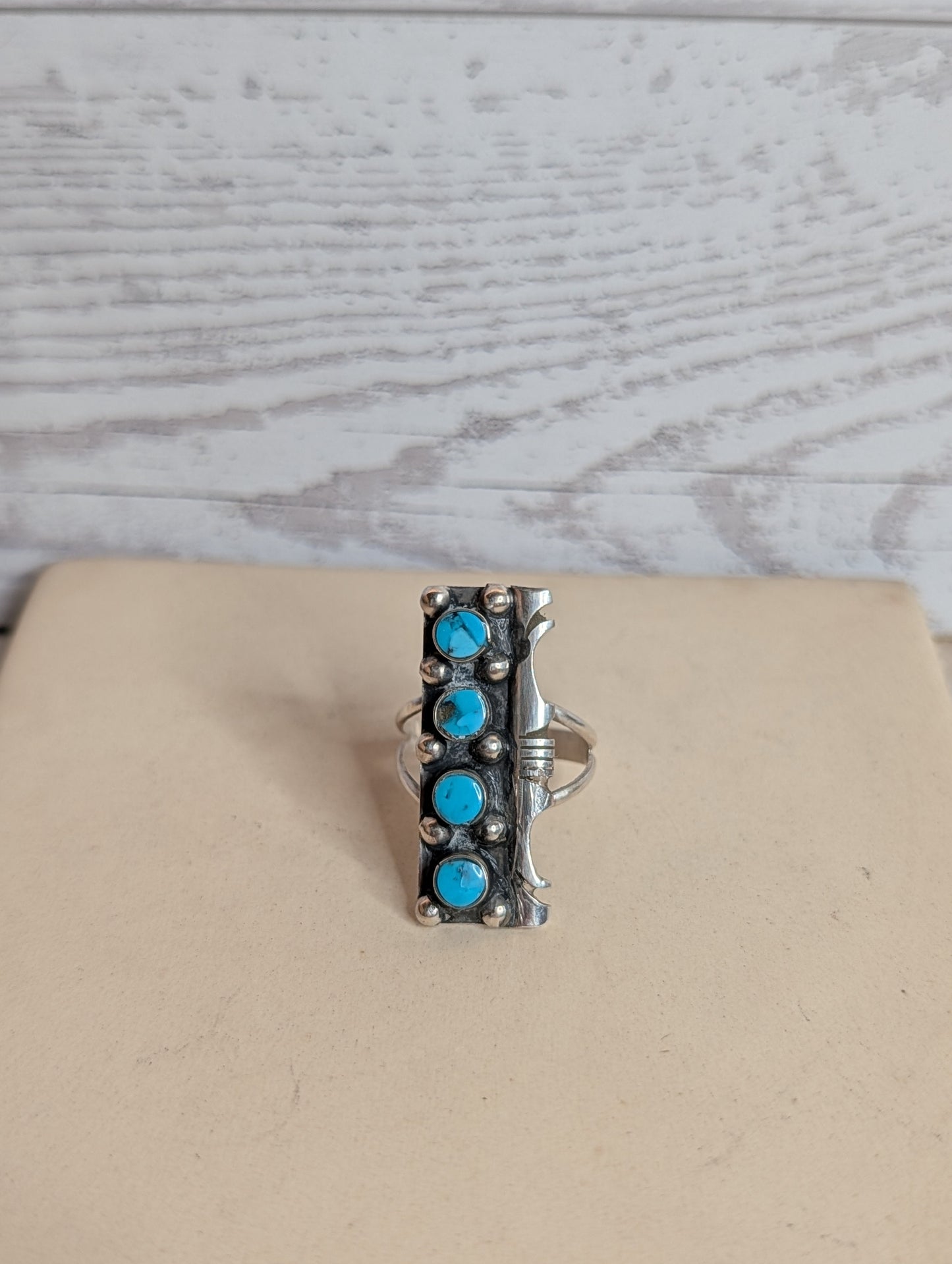 Handcrafted Kingman Turquoise Four Stone Sterling Silver Statement Ring Size 7.5