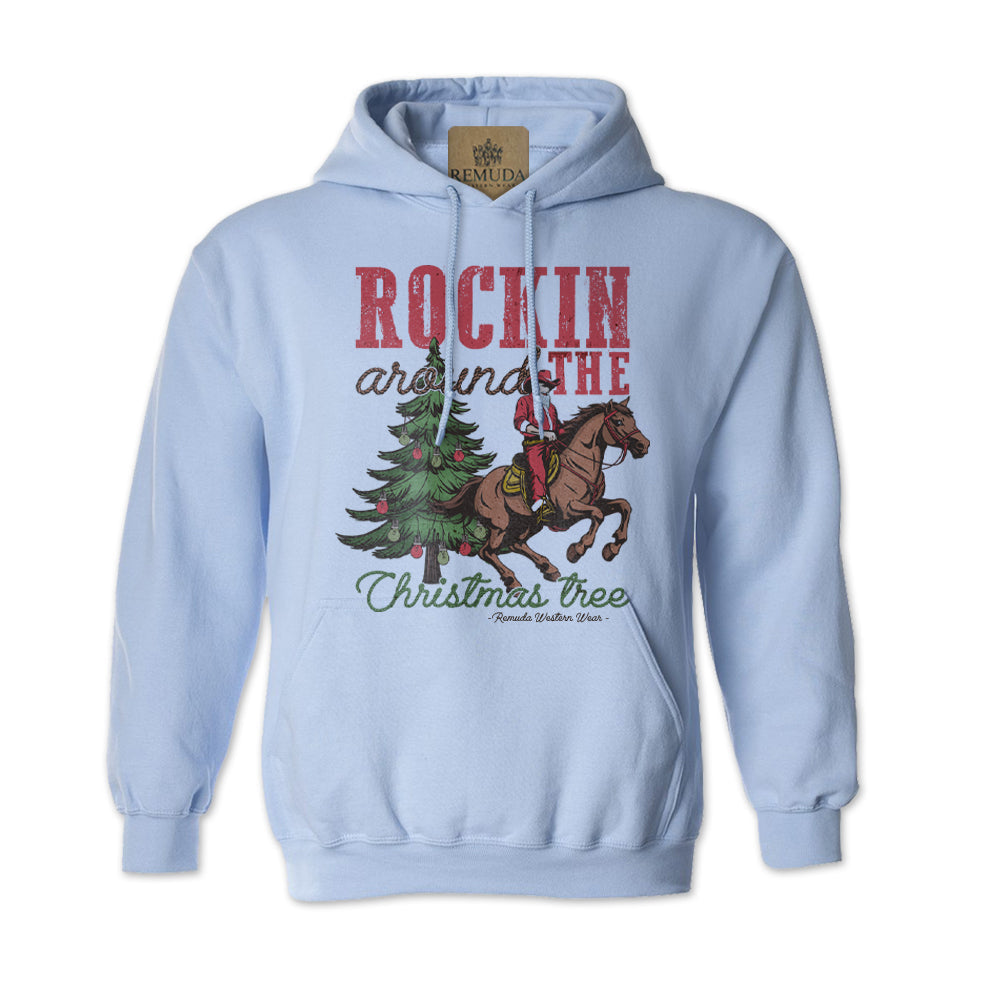 Rockin Around The Christmas Tree - Adult Unisex Western Santa Pullover Hoodie