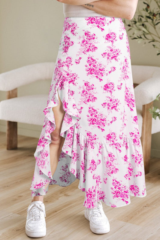 Rose Boho Floral High Waist Ruffle Split Maxi Skirt for Women