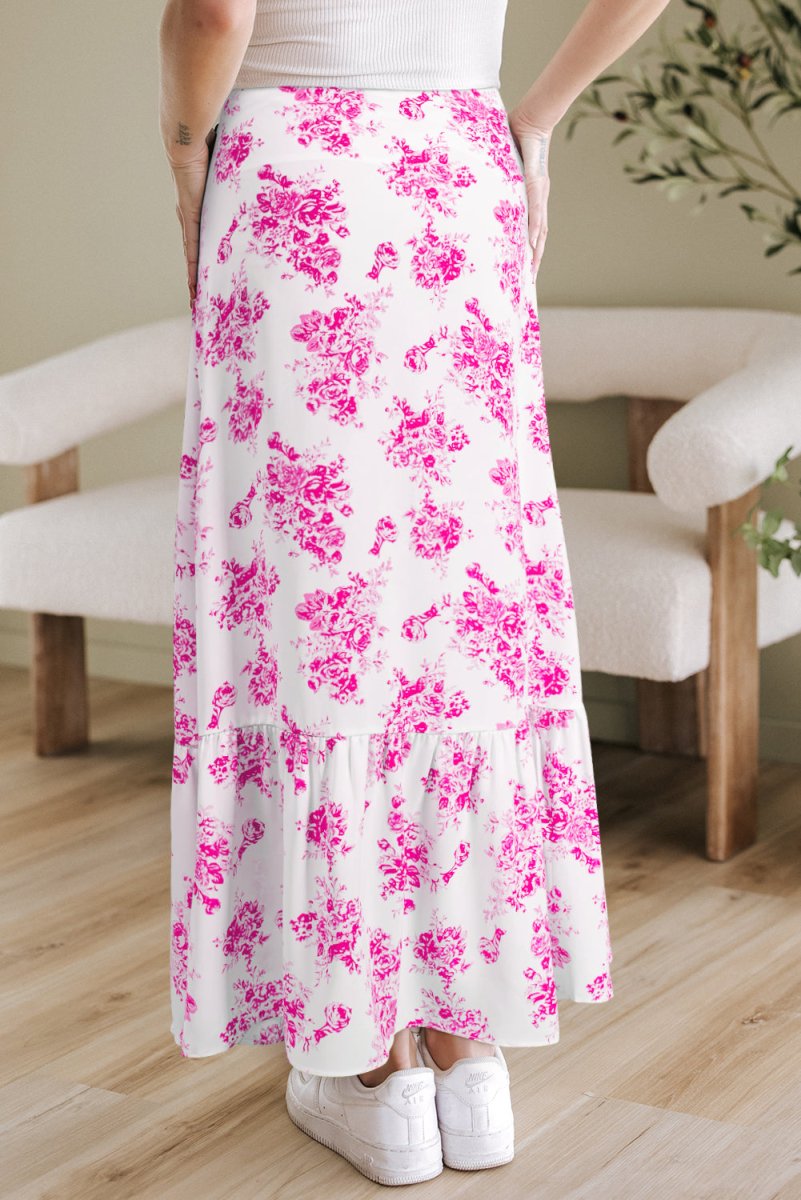 Rose Boho Floral High Waist Ruffle Split Maxi Skirt for Women