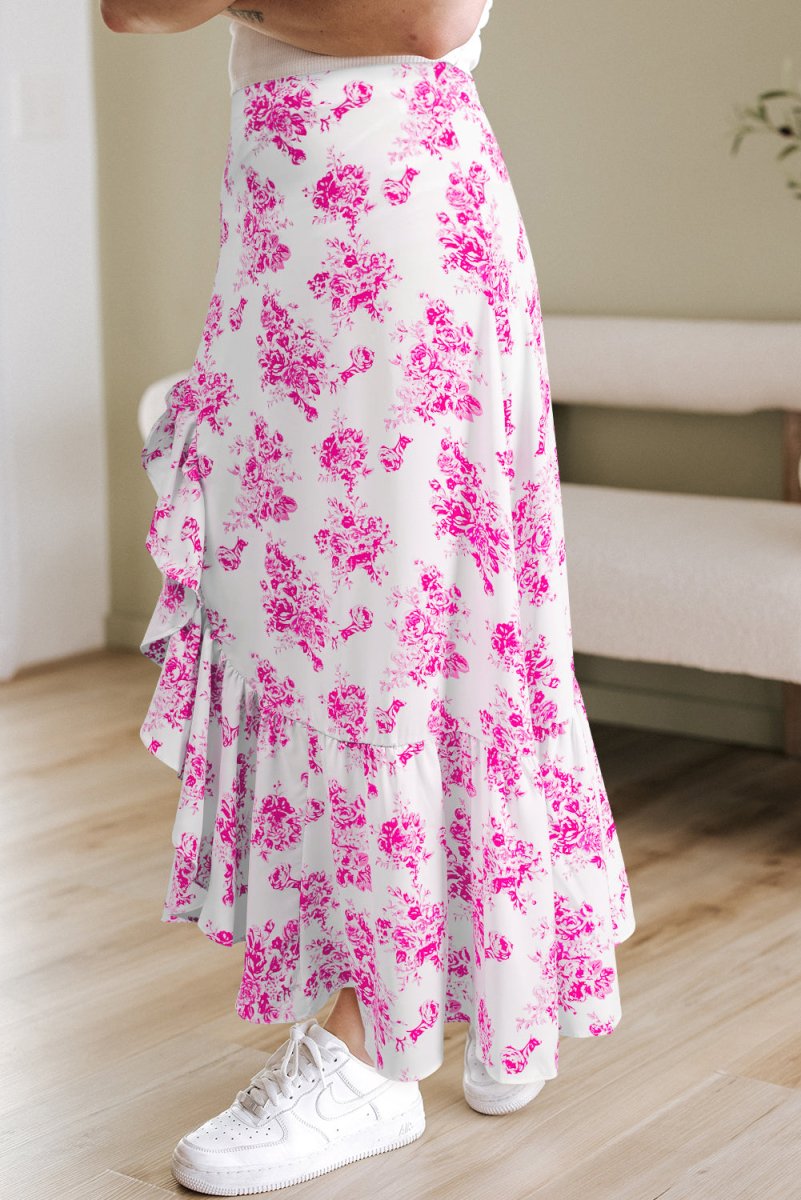 Rose Boho Floral High Waist Ruffle Split Maxi Skirt for Women