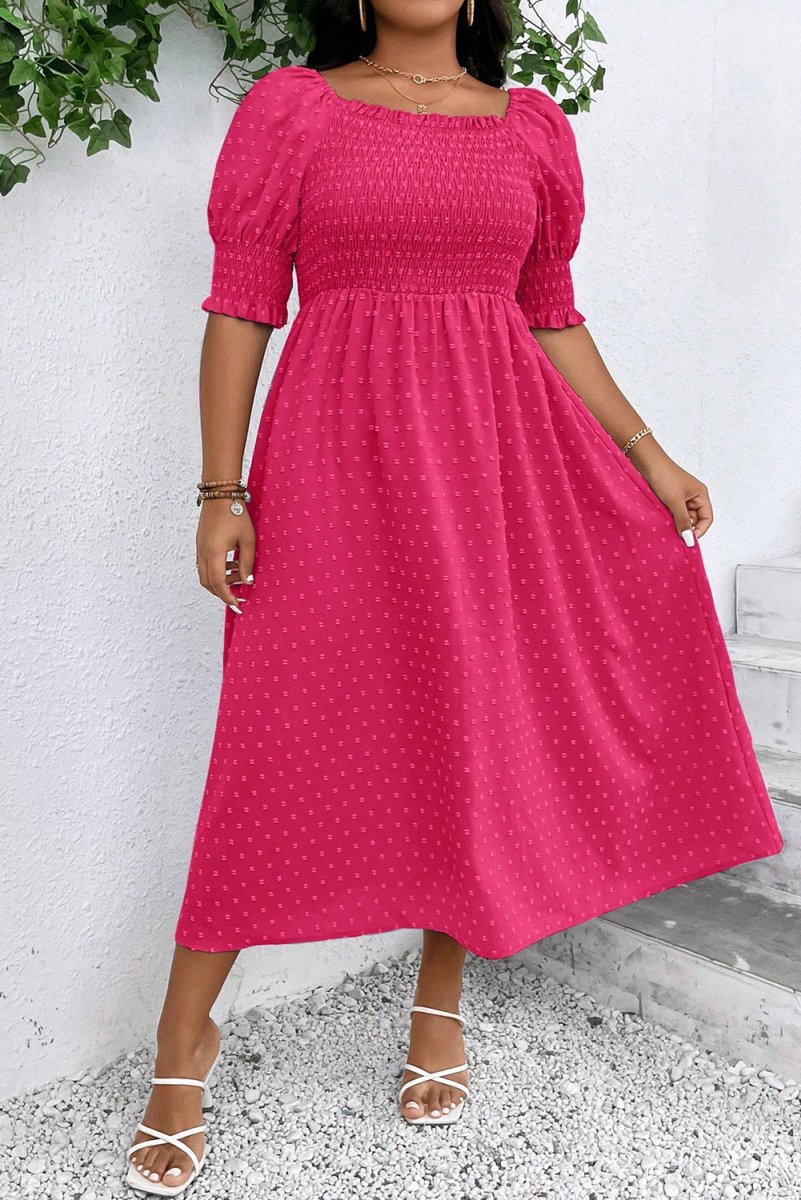 Sachet Pink Swiss Dot Smocked Frilled Neckline Plus Size Dress
