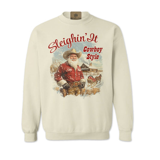 Sleighin It Cowboy Style - Western Adult Unisex Western Santa Christmas Sweatshirt