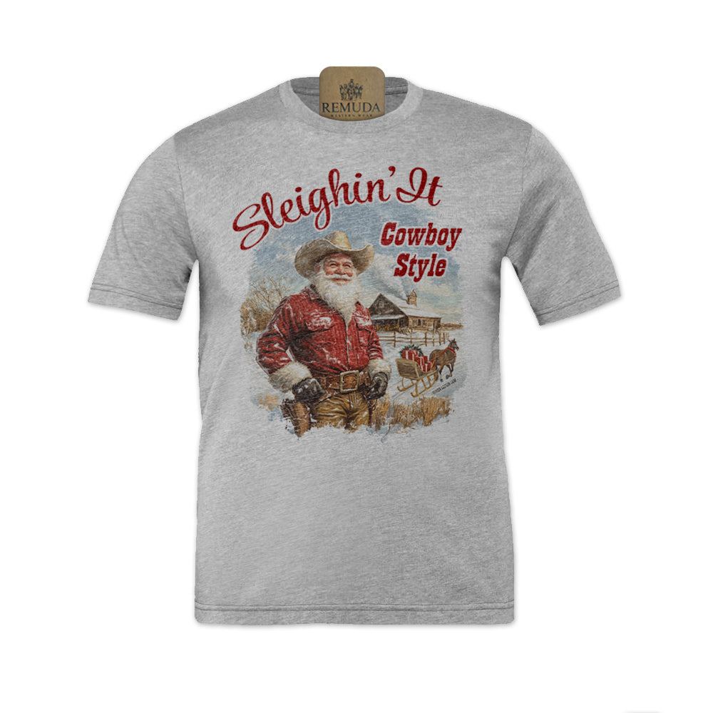 Sleighin It Cowboy Style - Adult Unisex Christmas Western Santa Tee T-Shirt