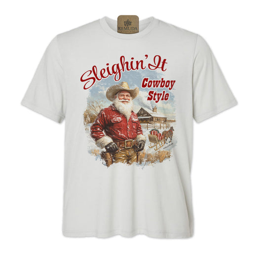 Sleighin It Cowboy Style - Adult Unisex Christmas Western Santa Tee T-Shirt