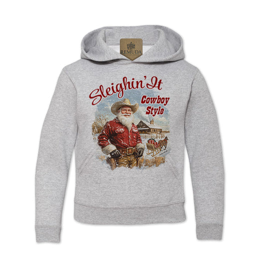 Sleighin It Cowboy Style - Youth Western Santa Pullover Hoodie