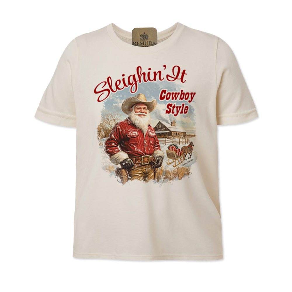 Sleighin It Cowboy Style - Youth Western Santa Tee