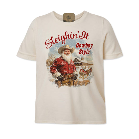Sleighin It Cowboy Style - Youth Western Santa Tee