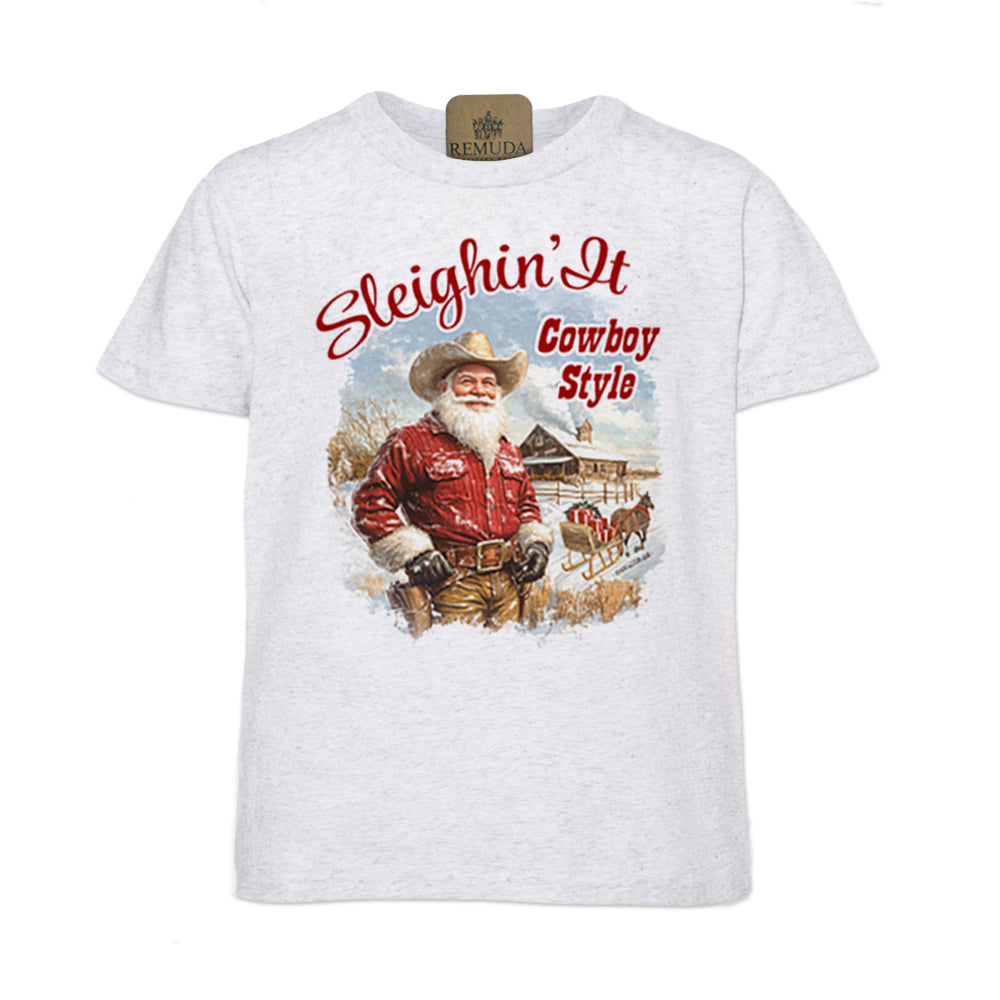 Sleighin It Cowboy Style - Youth Western Santa Tee