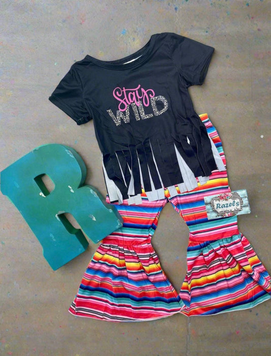 STAY WILD Shirt, Serape Bell Bottoms, Fringed Shirts, Girls Bell Bottom Set,