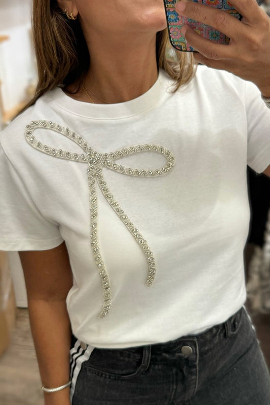 White Rhinestone Bow Embellished Round Neck Tee for Women