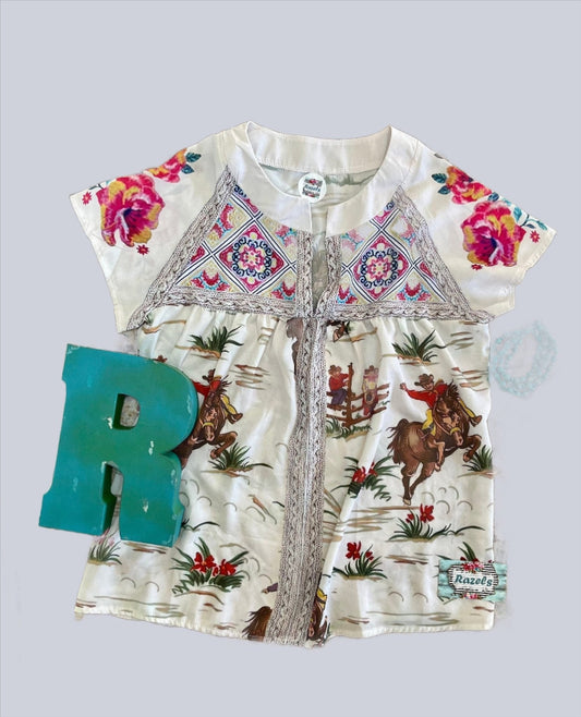 Womens Retro Cowboy Blouse, Flowers and Vintage Cowboy Shirt
